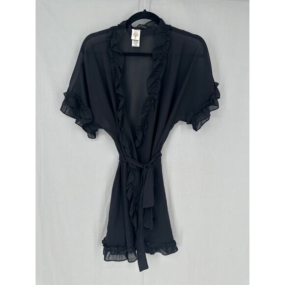 In Bloom Robe Womens Large Black Ruffle Mini Sheer Wrap Tie Short Sleeve - Picture 3 of 7